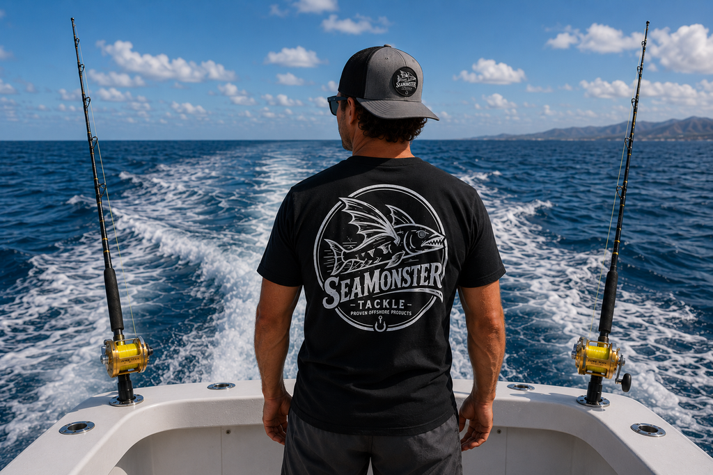 SeaMonster Tackle logo t-shirt black – lifestyle shot - SeaMonster Tackle trucker cap – lifestyle shot